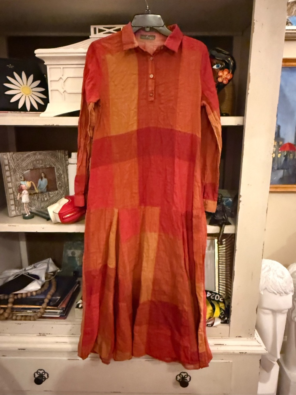 Emery Rose Large L long sleeve maxi dress patchwork orange red plaid - Picture 3 of 6